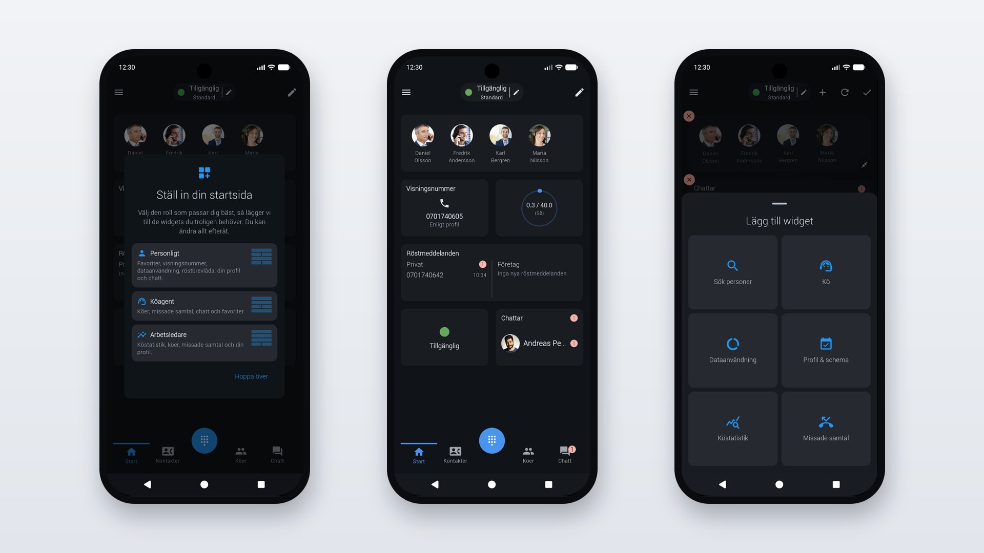Tre skärmar ur Infinity-appen: rollvalet Ställ in din startsida, startsidan Personligt med favoriter, visningsnummer, dataanvändning, röstmeddelanden och chattar, och Lägg till widget